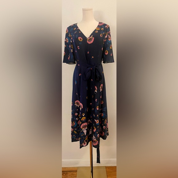 BODEN Emilie V Neck Midi Dress Navy Blue Flourish Pink Floral Size US 8R UK12R - Picture 8 of 16